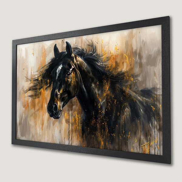Framed Poster: Majestic black horse art print with gold accents. Modern, abstract style with warm, earthy tones.