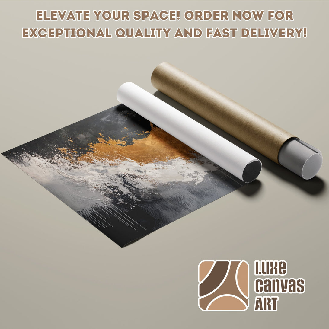 Abstract art poster roll in black, gold, and white. Elevate your space with Luxe Canvas Art.