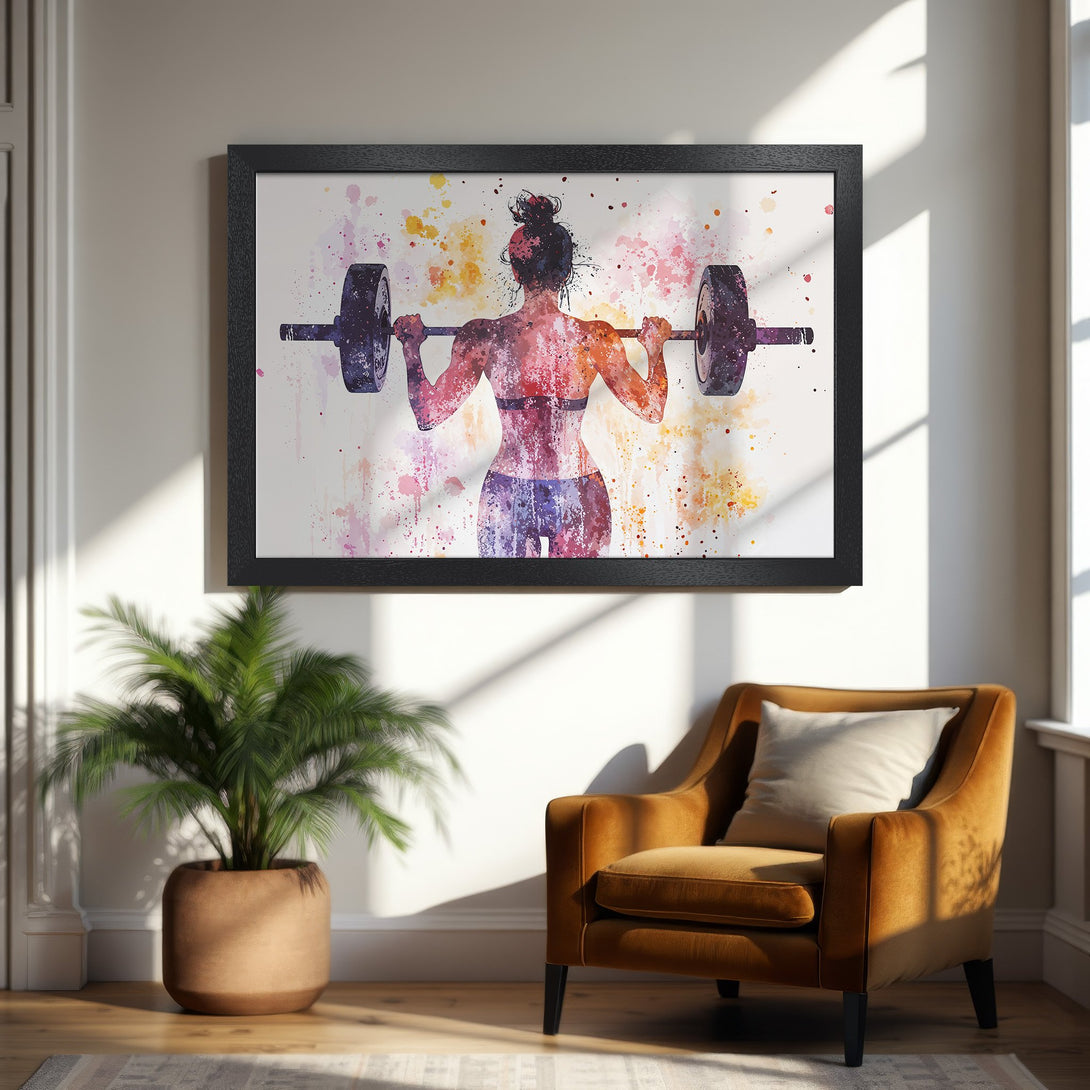 Framed Poster featuring a watercolor style woman weightlifting. Vibrant, colorful art with a fitness theme. Perfect home decor!