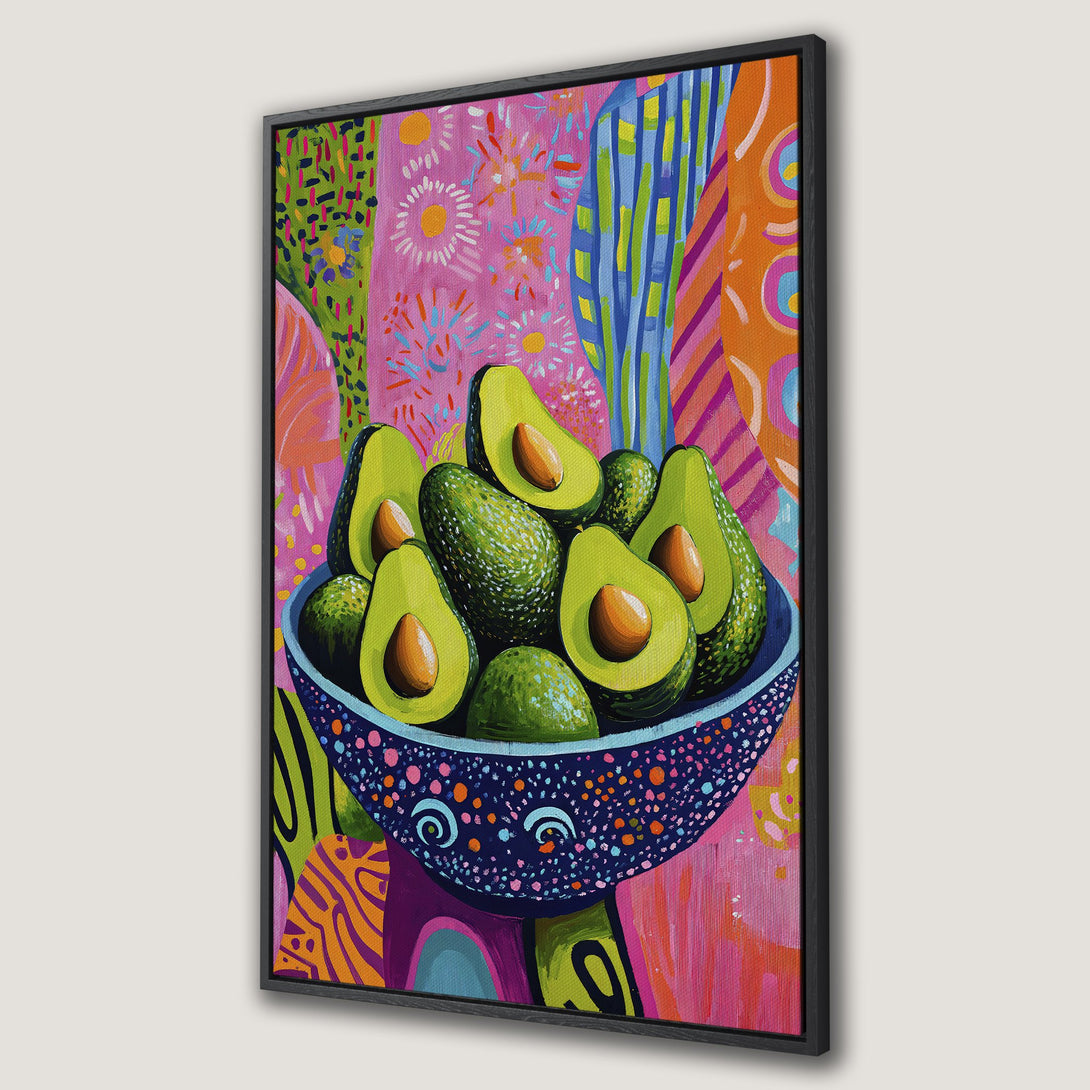 Framed Wall Art featuring a vibrant avocado still life. Bold, colorful abstract style with pink, green, and blue hues. Perfect kitchen or dining room decor.