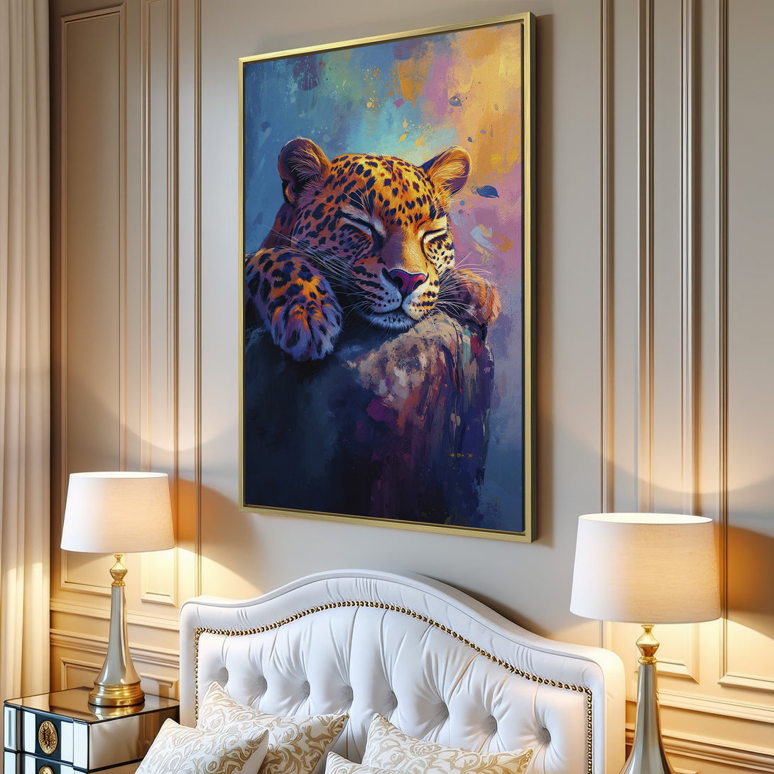 Canvas Print of a sleeping leopard in an abstract style with a vibrant, colorful palette. Perfect wall art for any room.