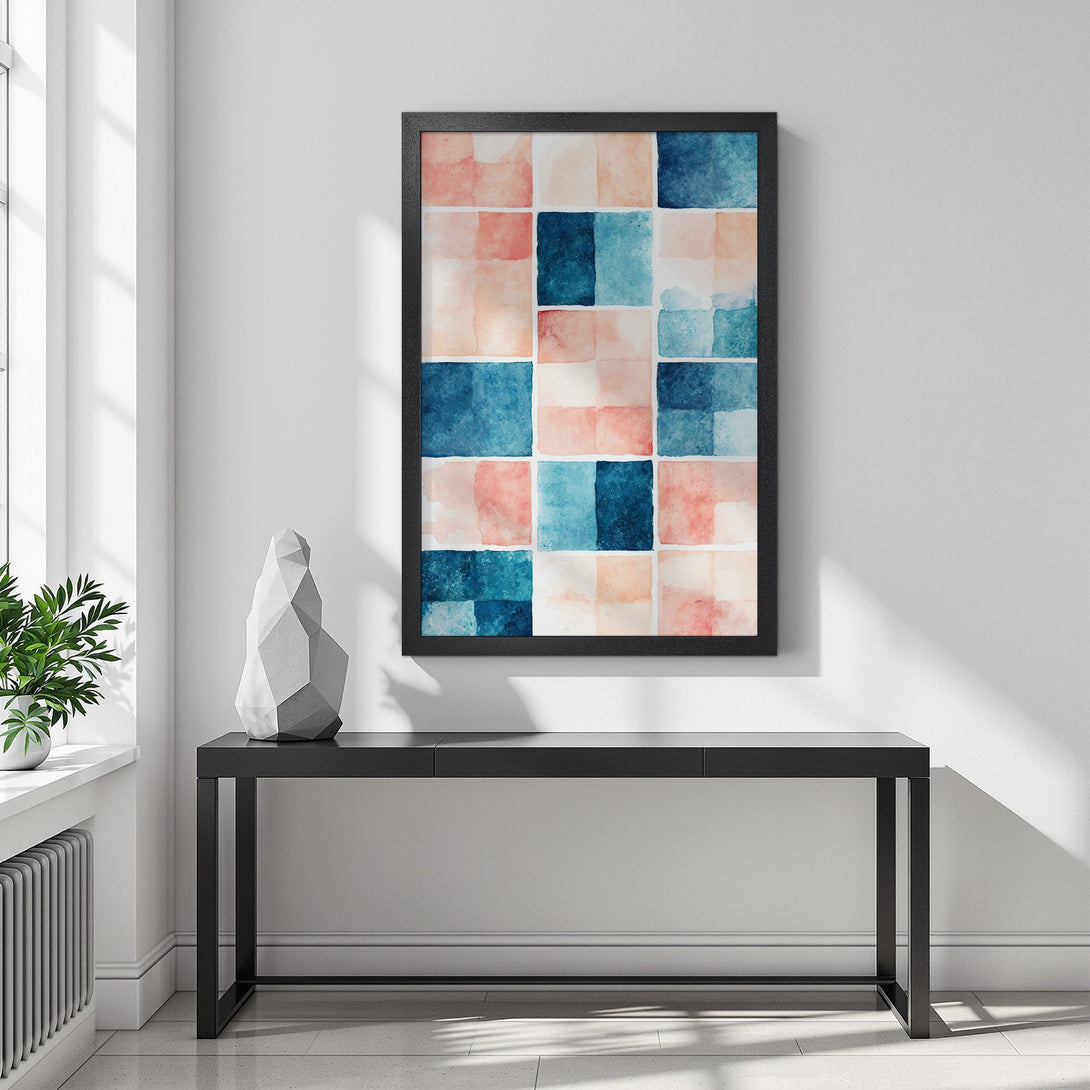 Framed Poster featuring watercolor abstract art in blue and peach tones. Perfect wall decor for a modern interior.