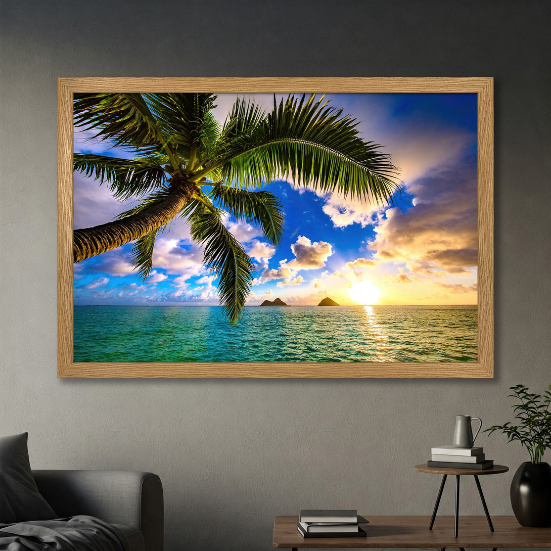 Framed Poster of a tropical beach scene with palm tree, vibrant blue, green, and yellow color palette. Bring paradise home!