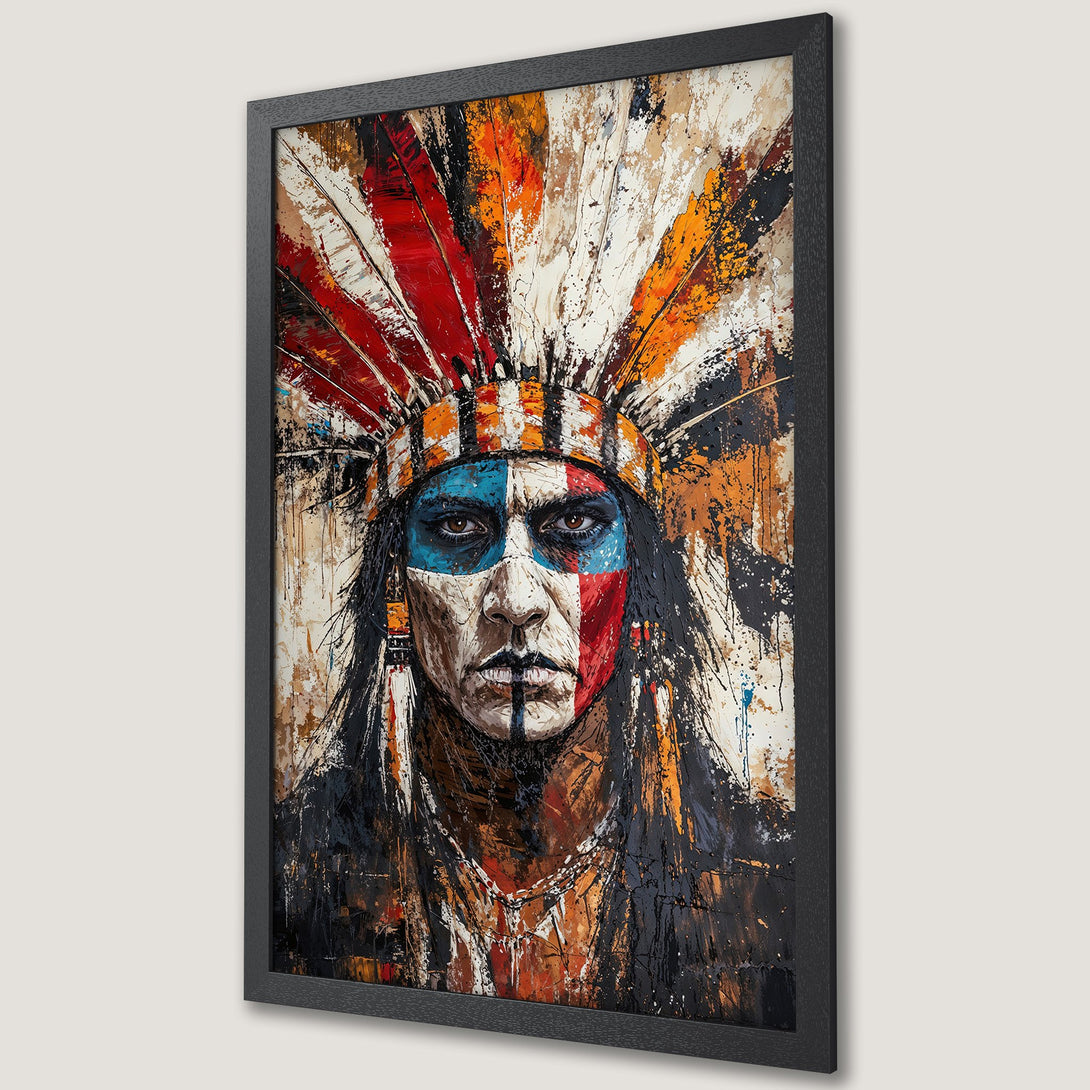 Framed Poster: Abstract Native American portrait art in bold colors, perfect wall decor. Add a touch of culture with this stunning poster.