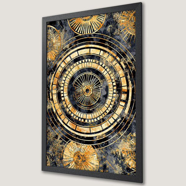 Framed Poster featuring an abstract geometric design in gold and black, perfect for adding a touch of modern art to your space.