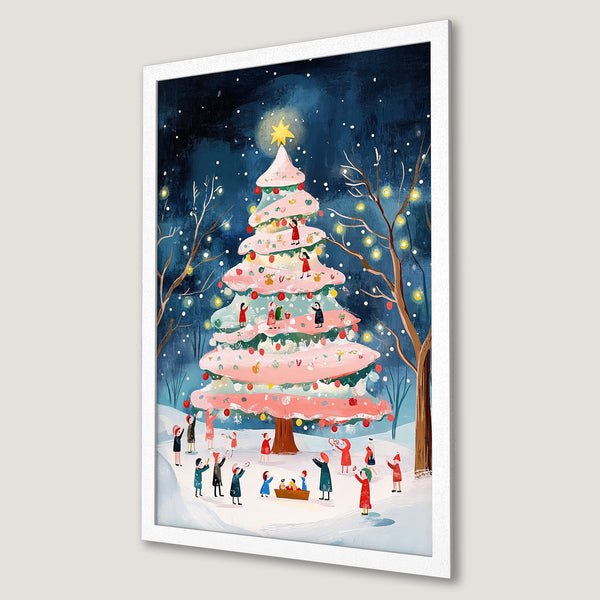 Framed Poster: Festive Christmas tree art print with whimsical style and a blue, pink, and white color palette. Perfect holiday decor!