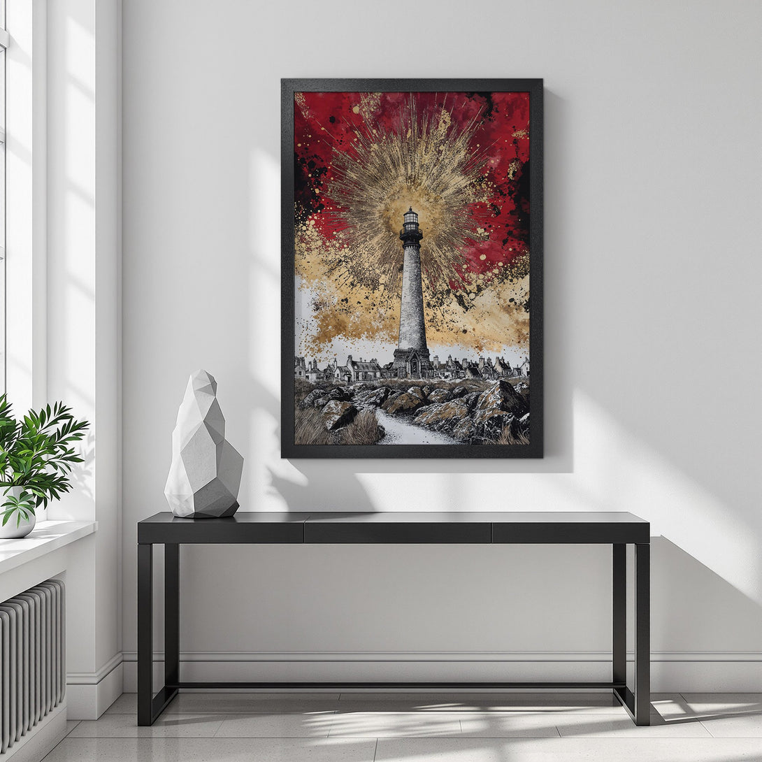 Framed Poster featuring a lighthouse art print in a red, gold, and black color palette. Enhance your home decor with this stunning poster!