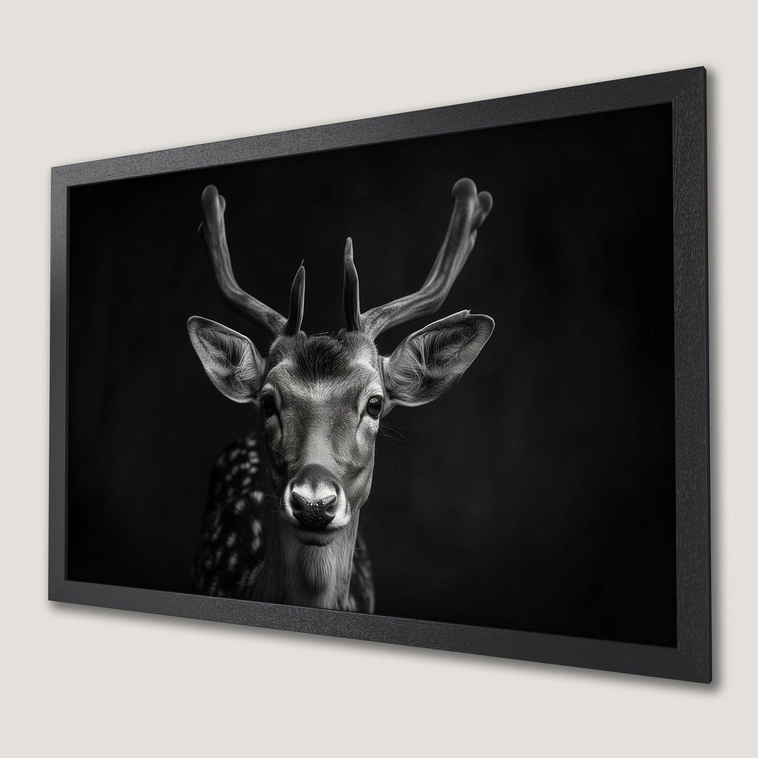 Framed Poster featuring a majestic deer in a striking black and white monochrome style. Elevate your space with this art print.