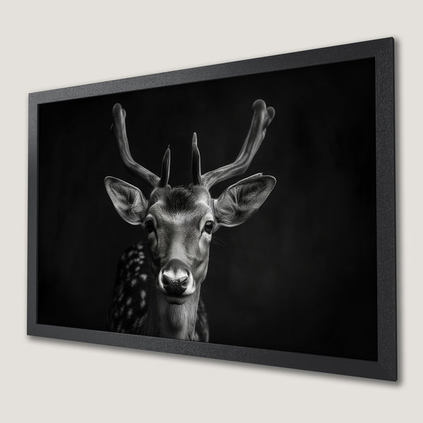 Framed Poster featuring a majestic deer in a striking black and white monochrome style. Elevate your space with this art print.