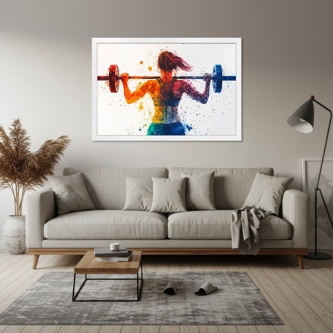 Framed Poster of a weightlifting woman in a watercolor style. Vibrant rainbow color palette. Perfect for gym or home decor.
