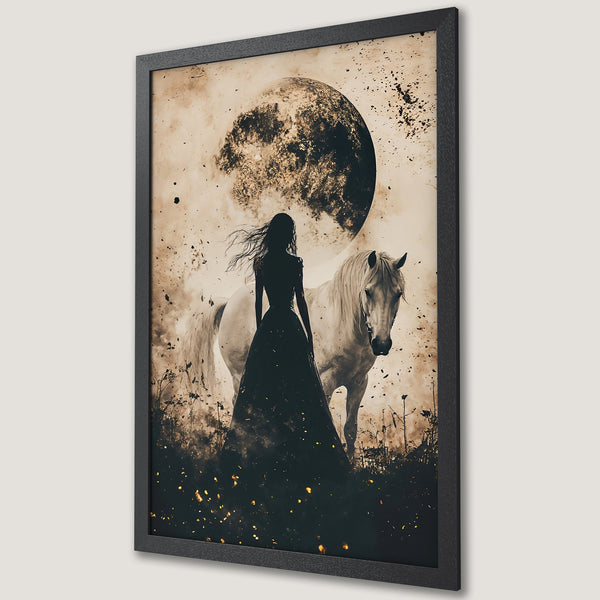 Framed Poster: Woman & horse silhouette art print. Dramatic style with sepia & black color palette. Perfect wall decor for a mystical touch.