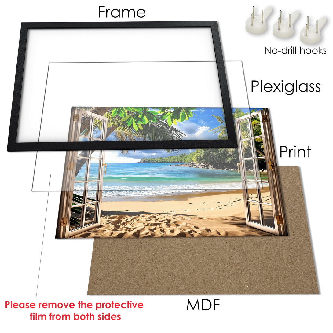 Framed Poster: Beach scene with window view, vibrant blue, green, and sandy tones. Perfect wall art for a relaxing vibe.
