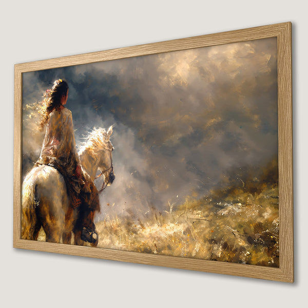 Framed Poster: Woman on Horseback, Impressionist style, warm earthy tones. Add this stunning art to your home!