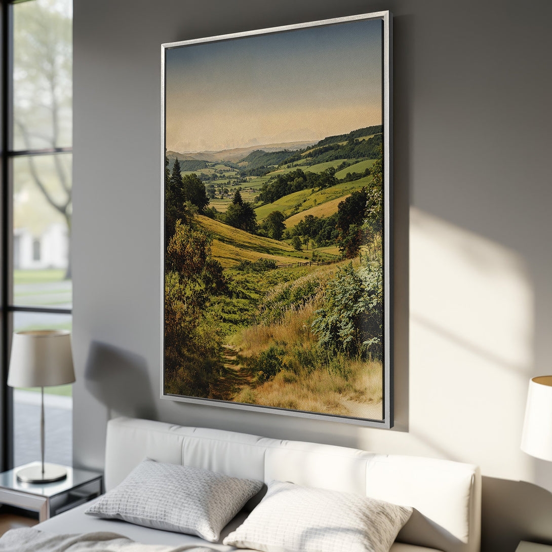 Framed Wall Art: Serene landscape Canvas Print with green and gold hues, perfect for adding a touch of nature-inspired art to your bedroom decor.