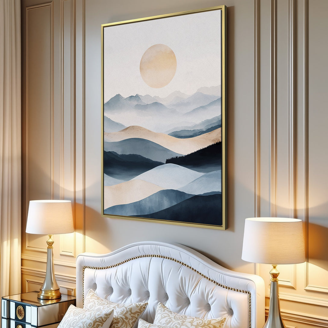 Canvas Print of abstract mountain landscape in blue and beige tones. Modern wall art for a serene home.