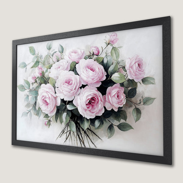 Framed Poster of pink roses in a vintage style. Soft color palette for elegant home decor.