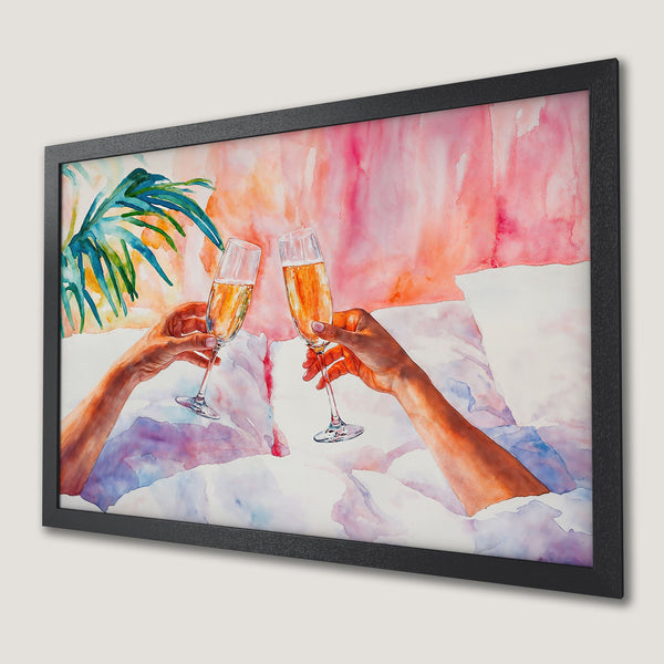 Framed Poster: Watercolor art of champagne toast, vibrant pink & orange palette, perfect for home decor.