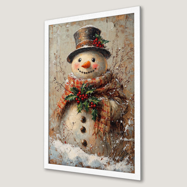 Framed Poster featuring a charming snowman in a rustic style. Warm, earthy tones with pops of red create a cozy holiday feel. Perfect Christmas decor!