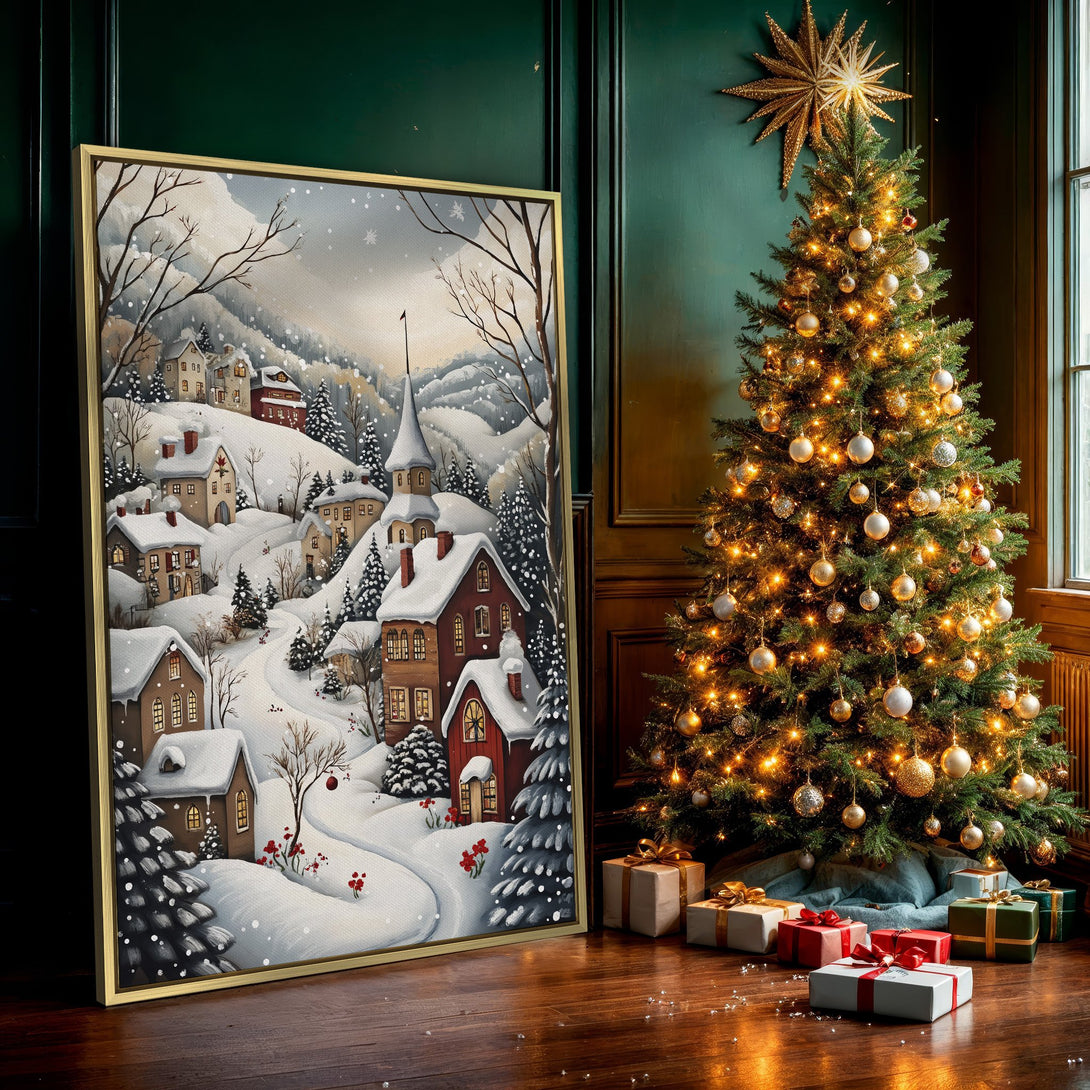 Canvas Print of a snowy village scene in watercolor style, featuring a warm brown and white color palette. Perfect winter wall art!