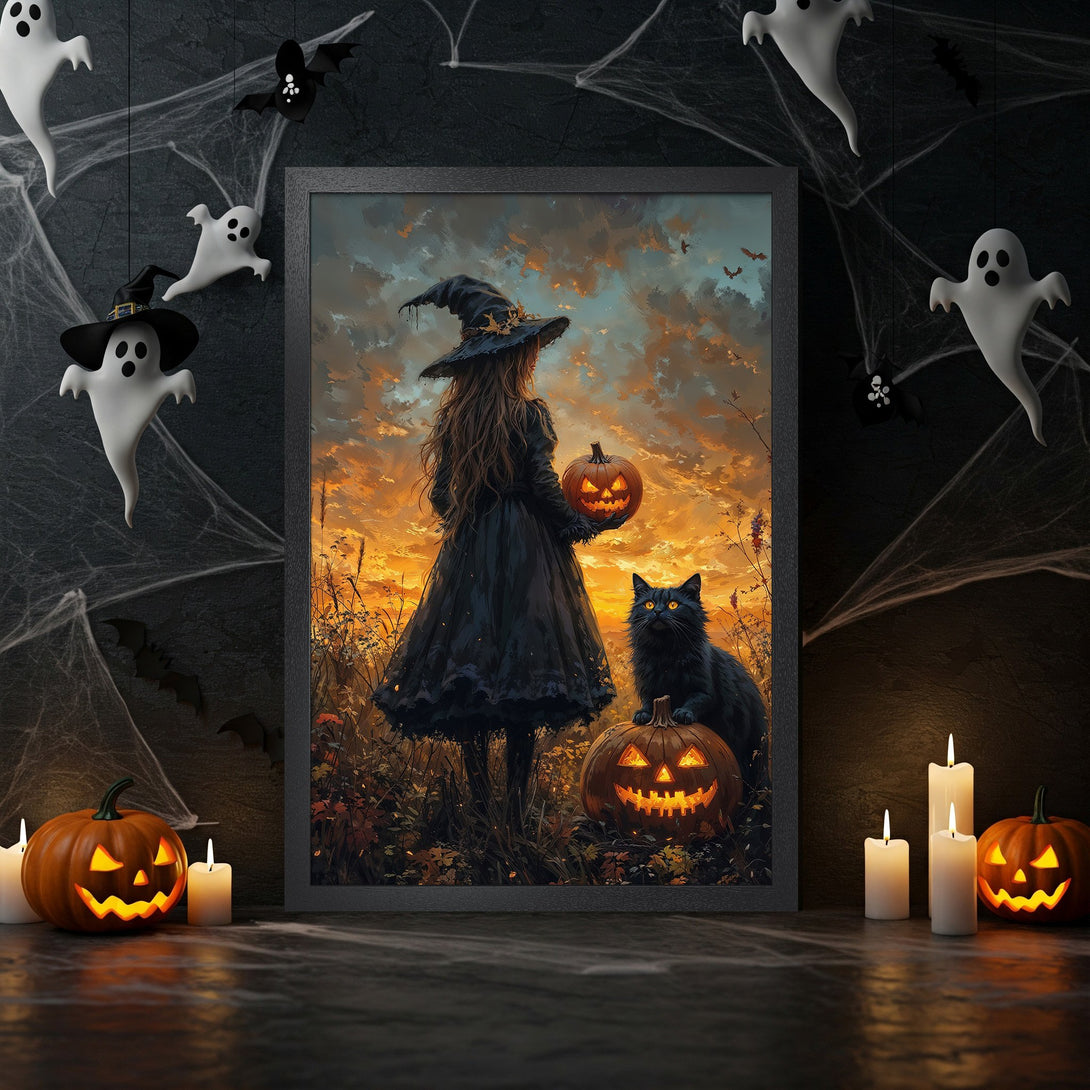 Framed Poster: Witch with pumpkin art in warm sunset tones. Perfect Halloween decor!