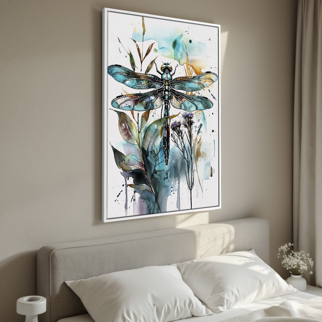 Framed Wall Art: Watercolor dragonfly print in teal and gold hues, adding a touch of nature-inspired elegance to any space. Perfect for bedroom decor.