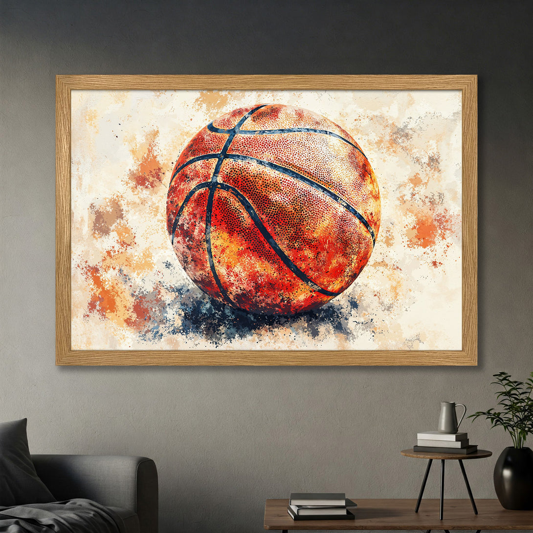 Framed Poster of a basketball in watercolor style. Features a warm color palette with orange, red, and blue hues. Perfect sports art for your home!