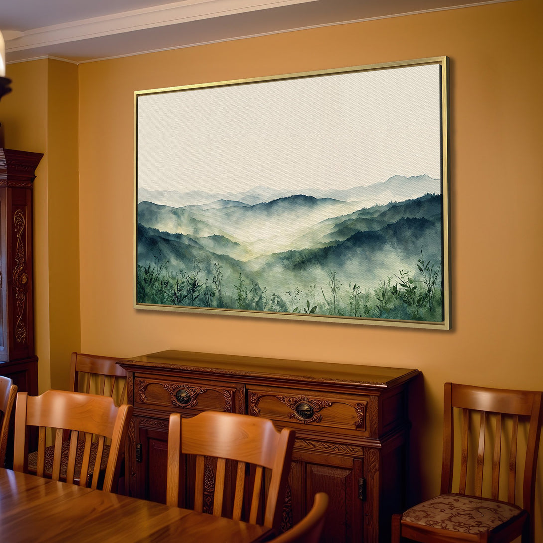Canvas Print of a serene mountain landscape in watercolor style, featuring a calming green and blue color palette, perfect for home decor.
