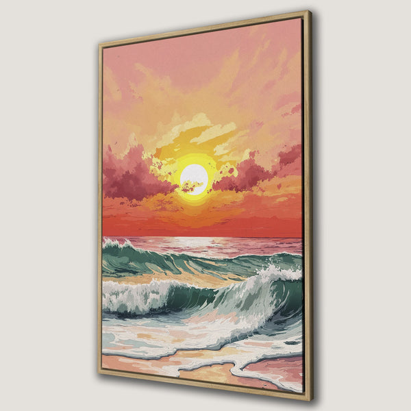 Framed Wall Art: Sunset over ocean waves. Coastal art print in warm orange, pink, and teal tones. Perfect beach house decor.