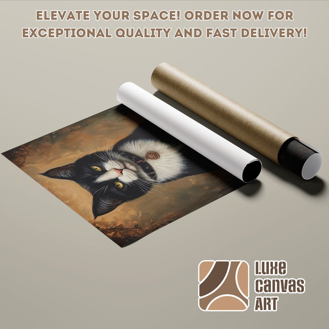 Poster Roll featuring a black and white cat portrait, warm color palette, and artistic style.