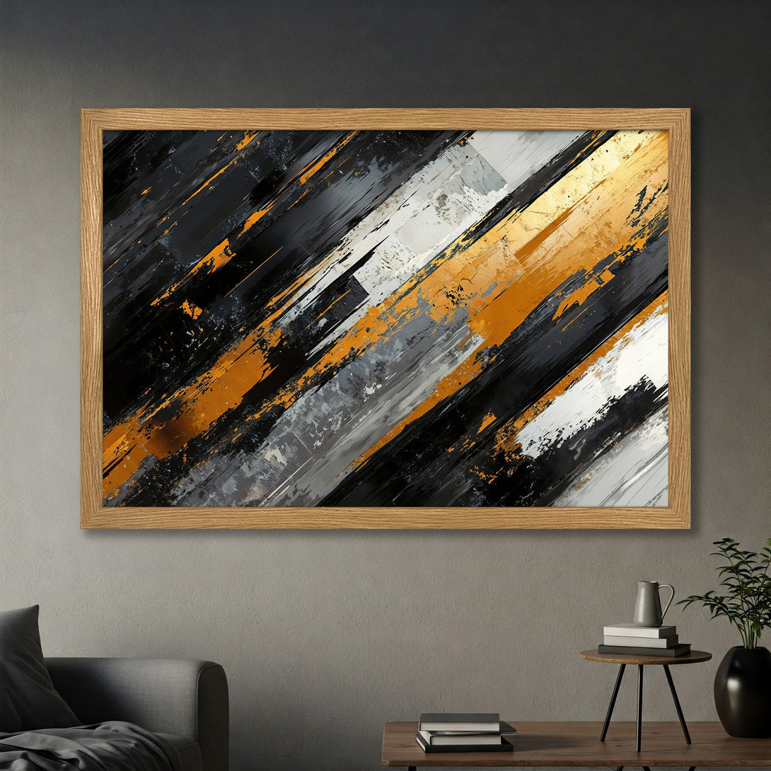 Framed Poster featuring abstract art in black, gold, and gray. Modern wall decor for home or office.