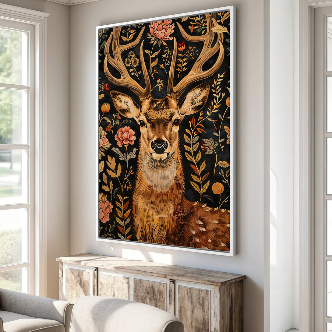 Framed Wall Art: Majestic deer portrait with floral accents, warm brown and gold tones on a dark background. Perfect for adding a touch of nature.