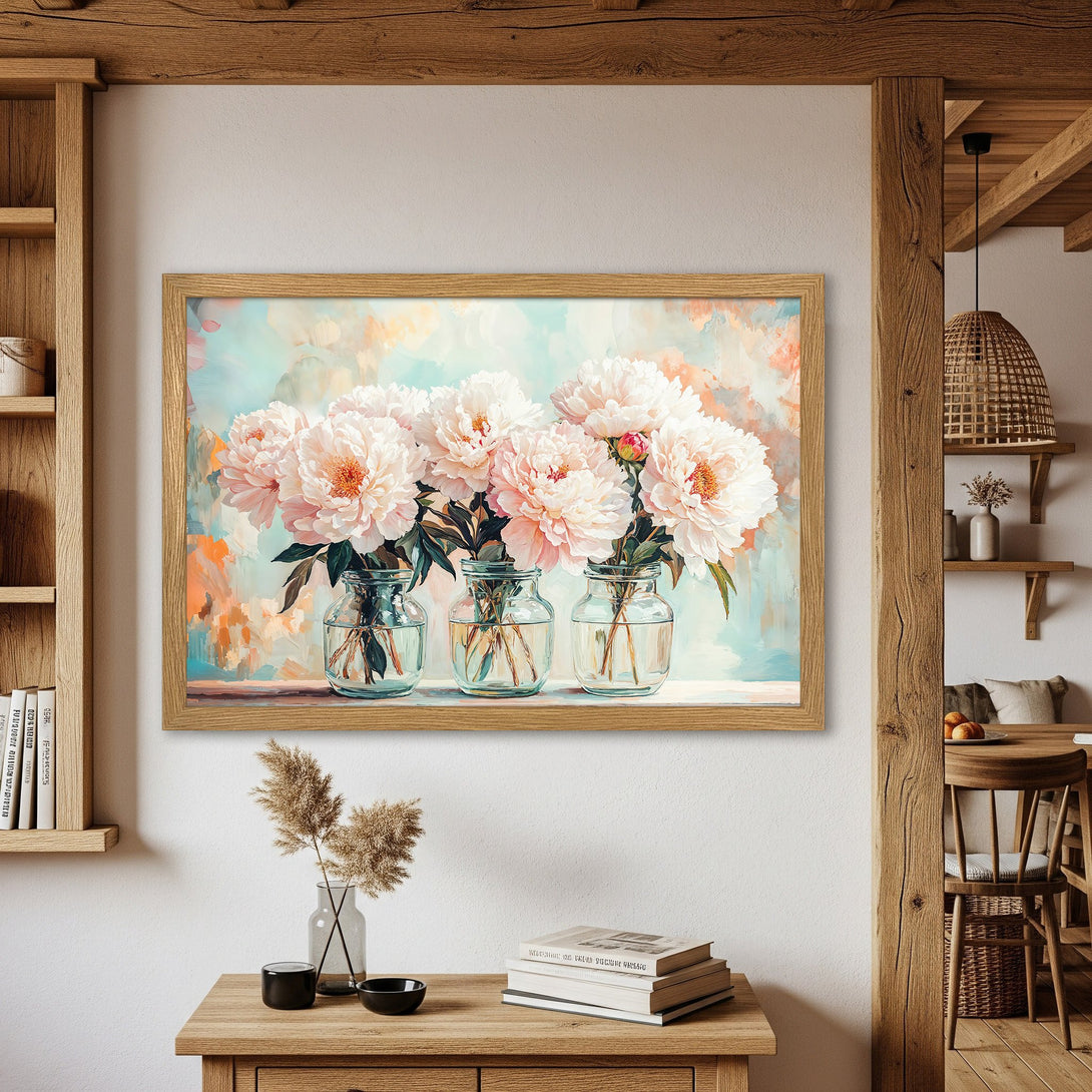 Framed Poster featuring a floral watercolor painting of peonies in a pastel color palette. Perfect for home decor!