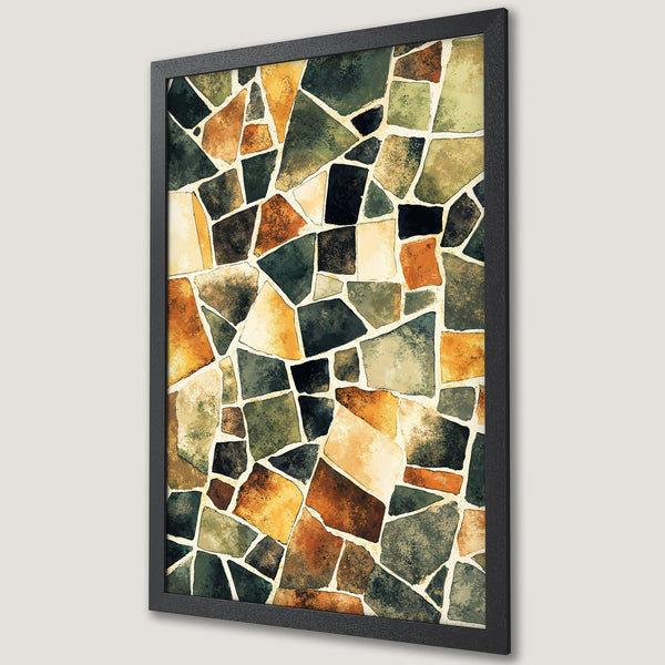 Framed Poster featuring a mosaic-like design in earthy tones of green, brown, and orange. Perfect art for any room!