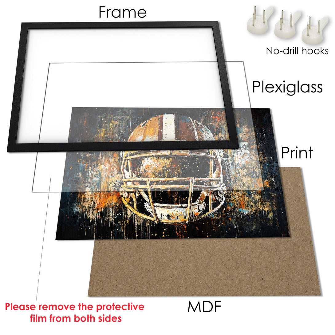 Framed Poster featuring a football helmet in a grunge style with a black, orange, and white color palette. Perfect wall art!