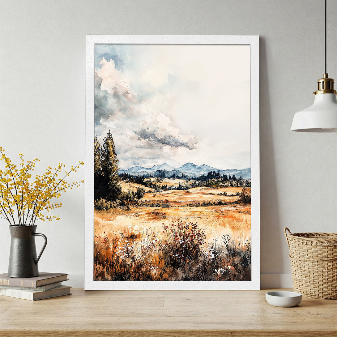 Framed Poster featuring a watercolor landscape painting. Earthy tones of brown, yellow, and blue create a serene, artistic wall decor piece.