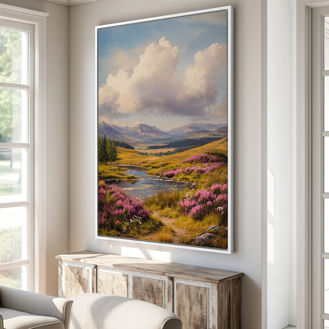 Framed Wall Art: Landscape Canvas Print with a serene mountain scene, featuring a river and purple flowers. Earthy tones and soft blues create a calming aesthetic.