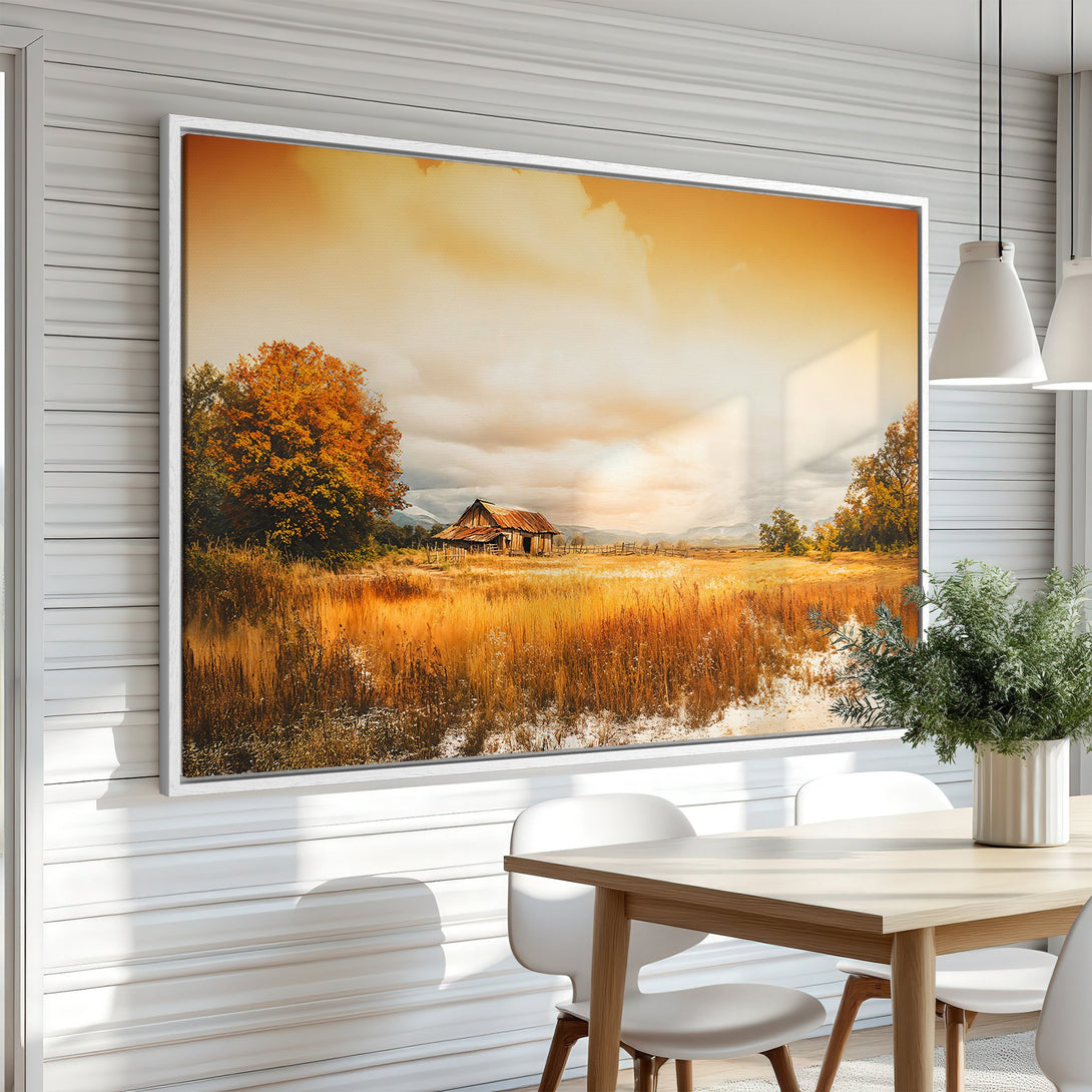 Framed Wall Art of a rustic barn landscape in warm, autumnal colors. Enhance your home decor with this stunning Canvas Print!