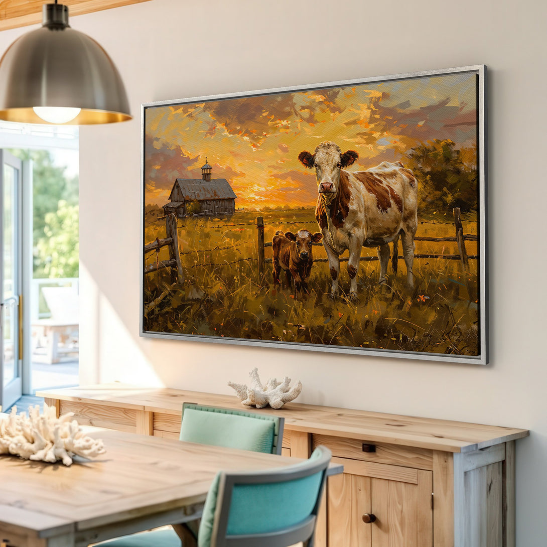 Framed Wall Art featuring a cow and calf in a rustic, golden-hued landscape. Bring warmth and charm to your home with this beautiful canvas print!