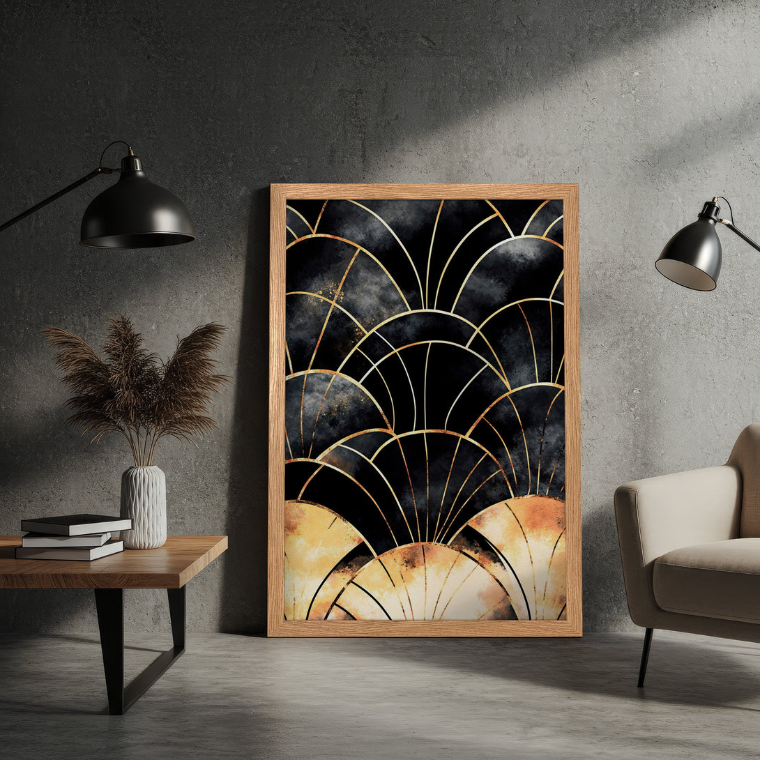 Framed Poster featuring an Art Deco design in black, gold, and beige. Stylish wall art for modern decor.