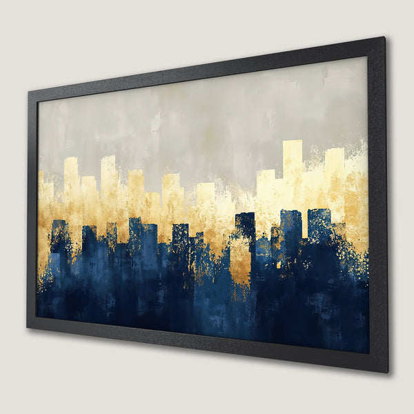 Framed Poster featuring an abstract cityscape in gold and navy blue, perfect wall art.