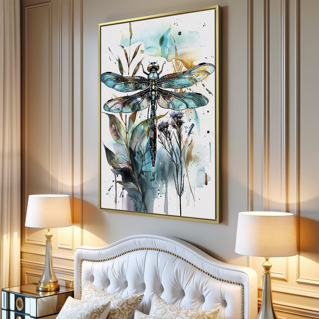 Canvas Print of a watercolor dragonfly in blue and green hues. Modern wall art for a serene living room.