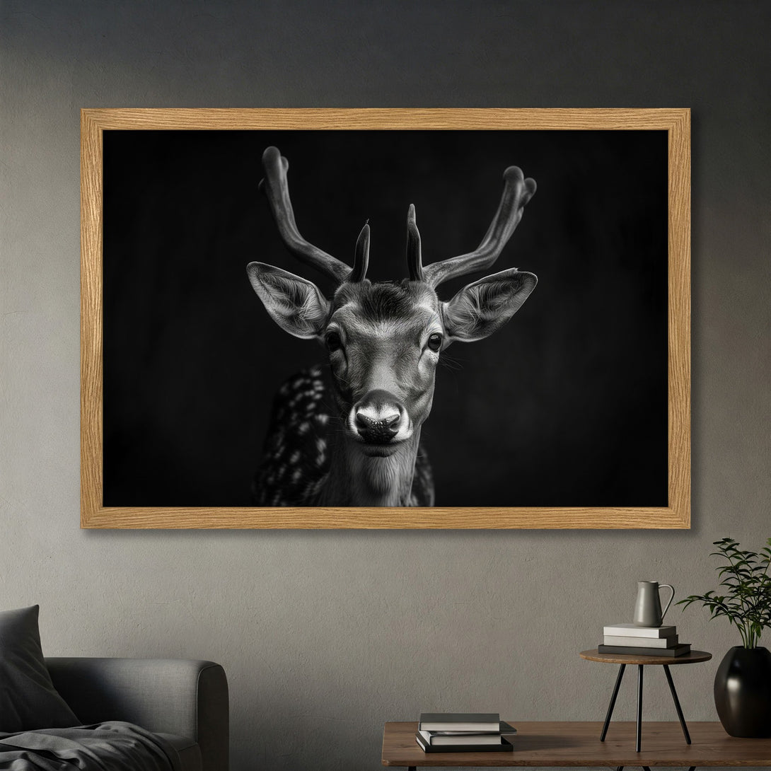 Framed Poster featuring a majestic deer in a black and white photographic style. Perfect wall art for any home decor.