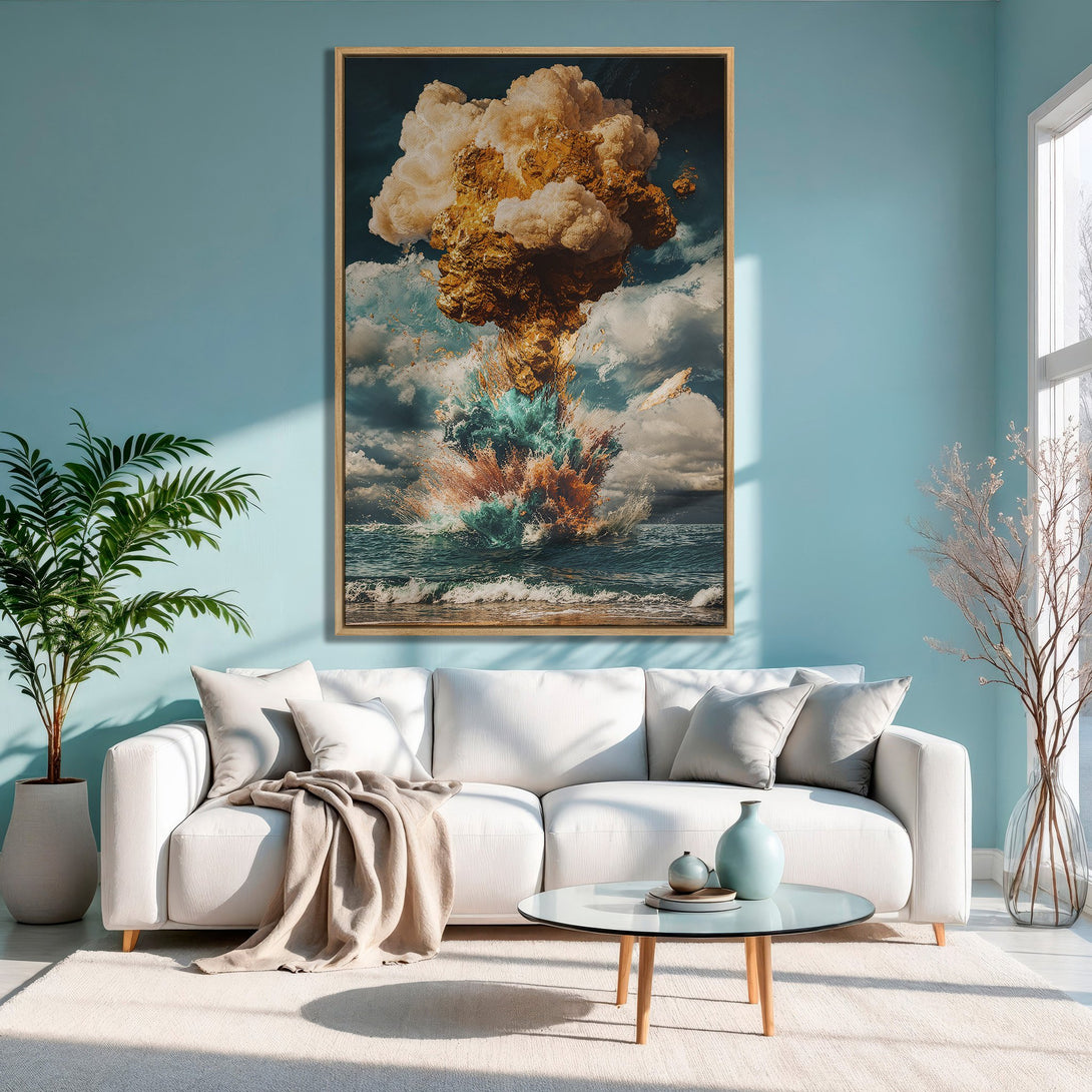 Framed Wall Art: Dramatic explosion over the ocean in a modern living room. Earthy tones of gold, blue, and teal create a stunning focal point.