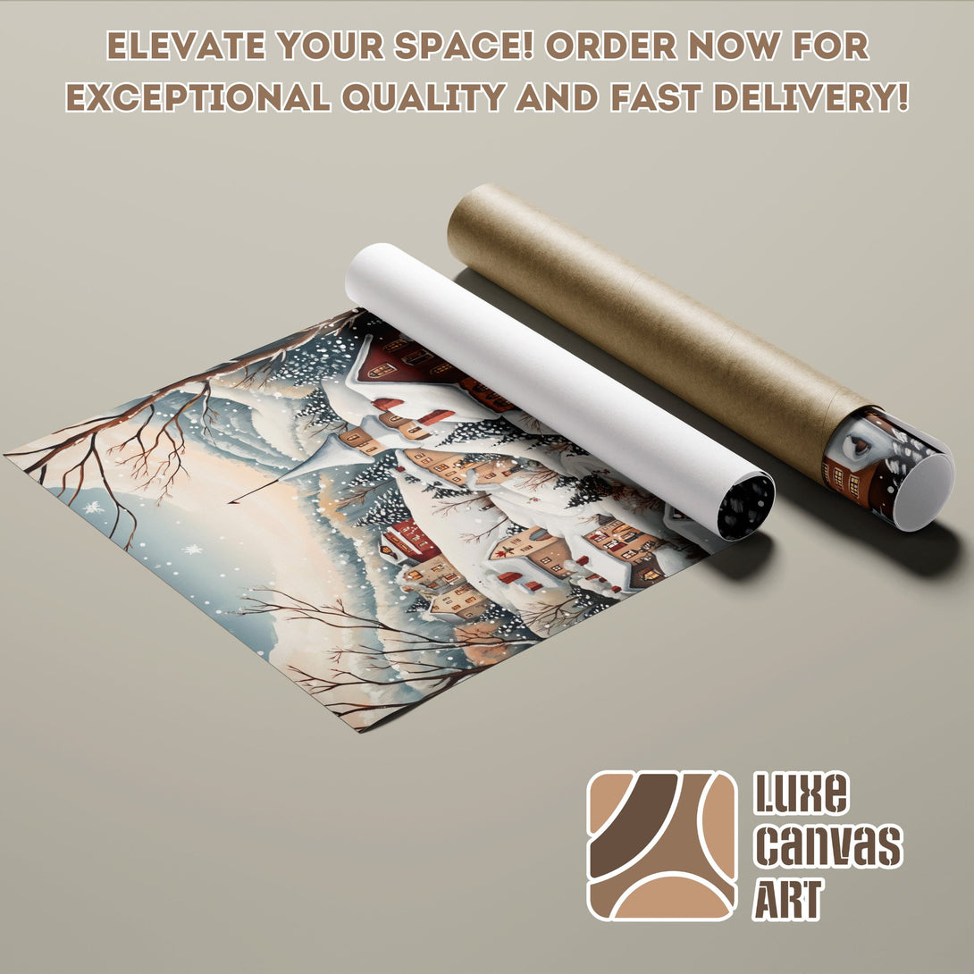 Winter village Poster Roll art, watercolor style, neutral & blue tones. Elevate your space today!