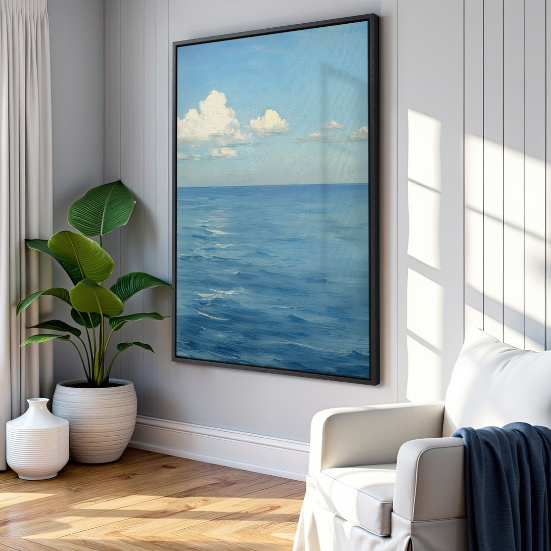 Framed Wall Art: Serene ocean landscape in blue hues. Coastal style Canvas Print adds a calming touch to any interior. Shop now for tranquil art!
