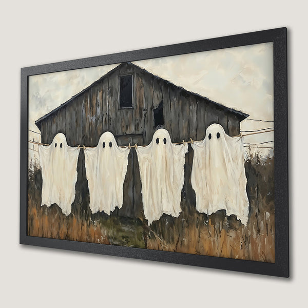 Framed Poster featuring a spooky barn scene with ghosts. Rustic style, neutral color palette perfect for Halloween decor.