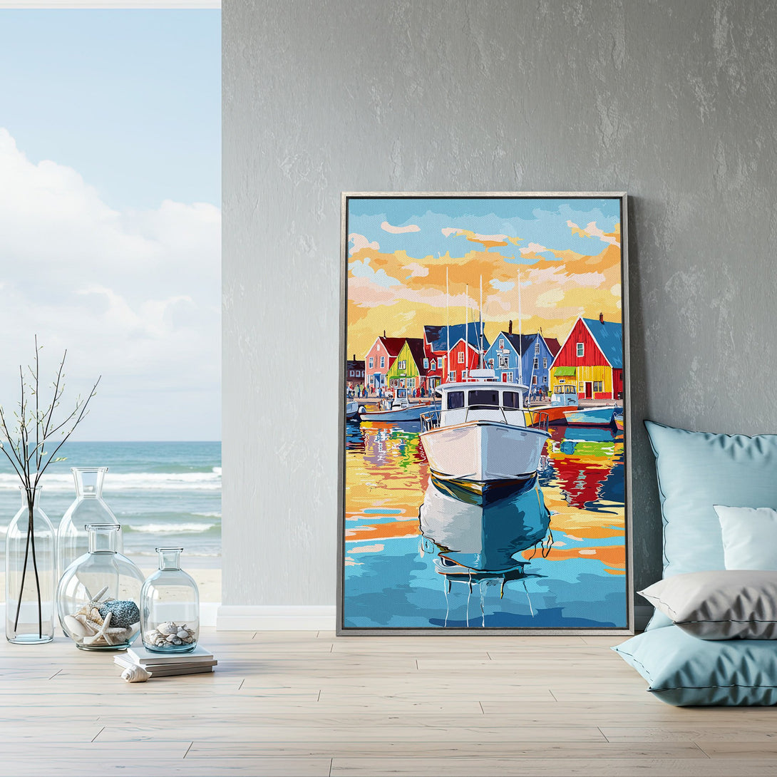 Framed Wall Art: Colorful coastal scene canvas print with boats and vibrant buildings. Perfect for adding a pop of color with a warm, inviting palette.