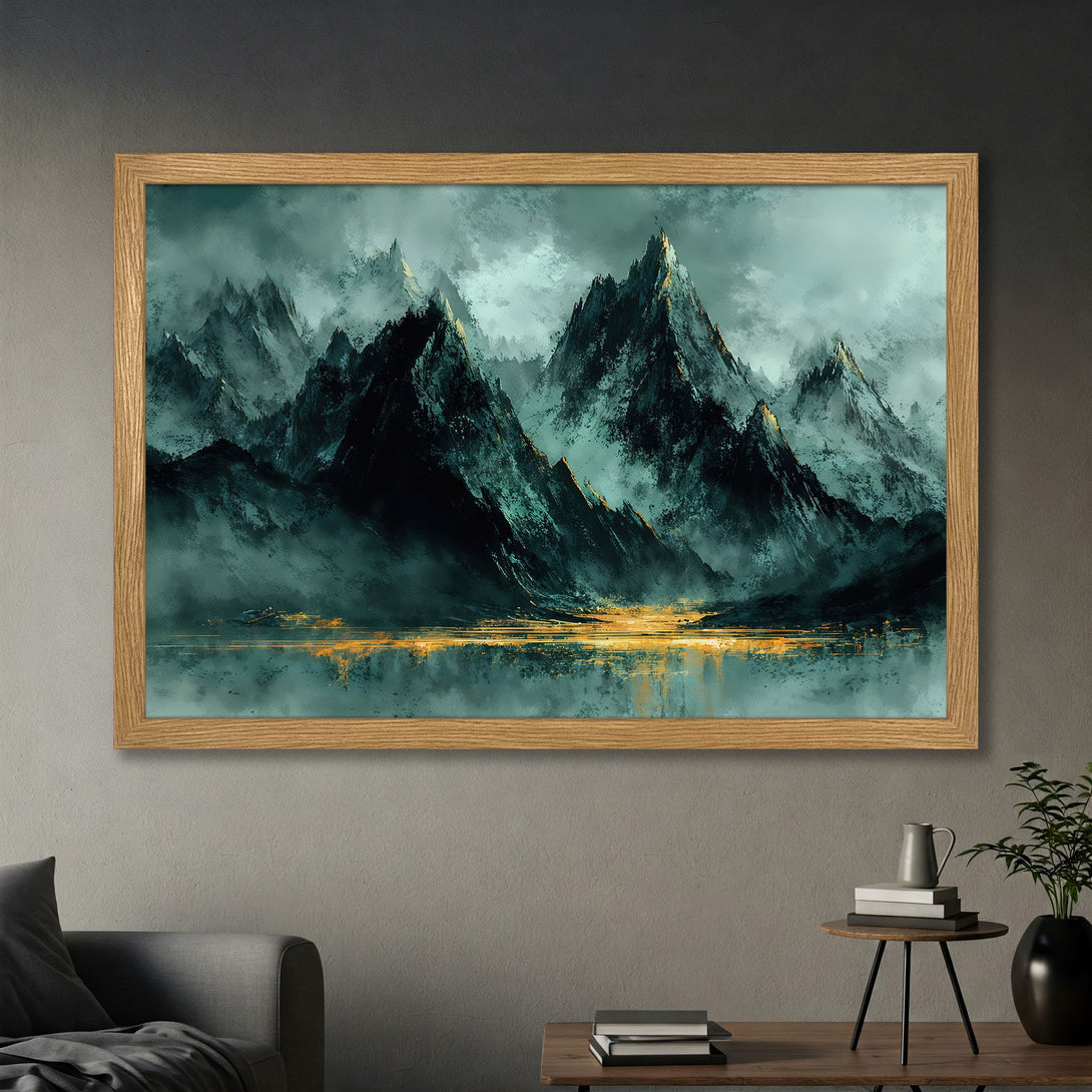 Framed Poster of majestic mountains in a teal and gold color palette. Perfect art for your home!