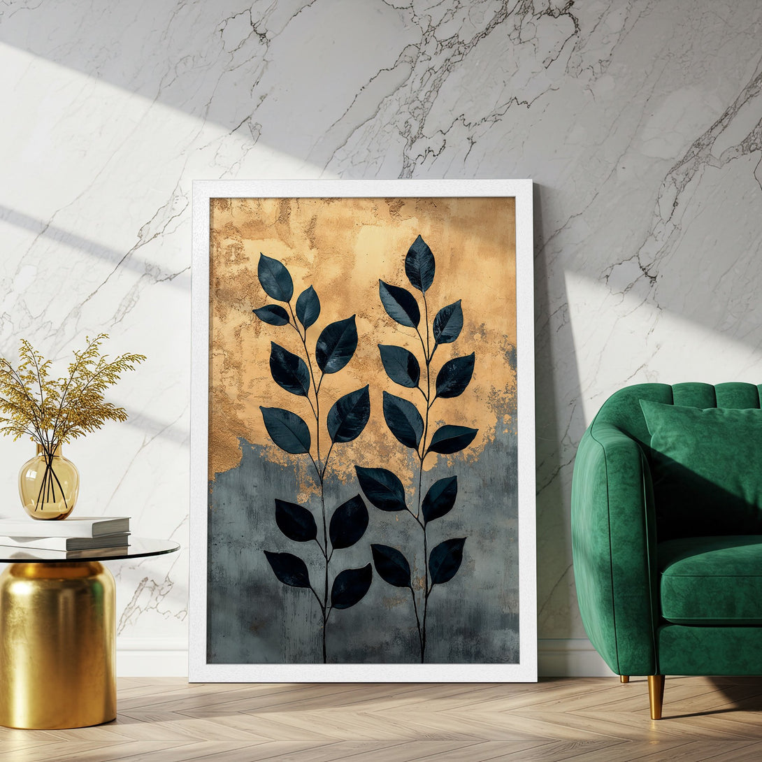 Framed Poster featuring elegant botanical art in gold, blue, and gray tones. Perfect wall decor for a modern home.