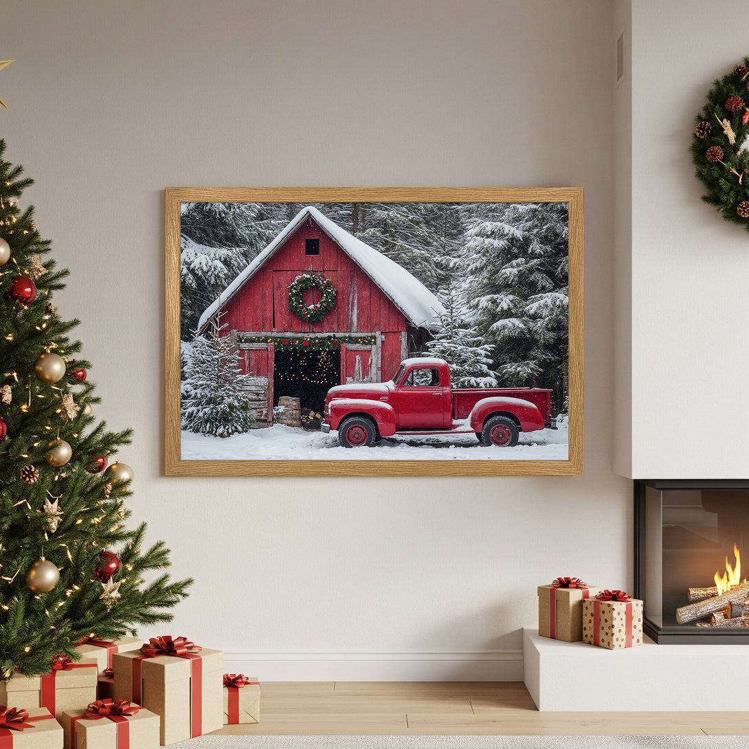 Framed Poster featuring a red truck & barn in a snowy scene. Rustic style with red, white, and green color palette. Perfect holiday decor.